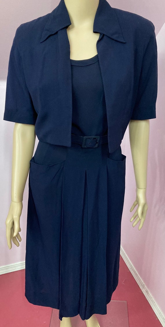 Vintage 40s Navy Blue Rayon Dress & Jacket Set - image 6