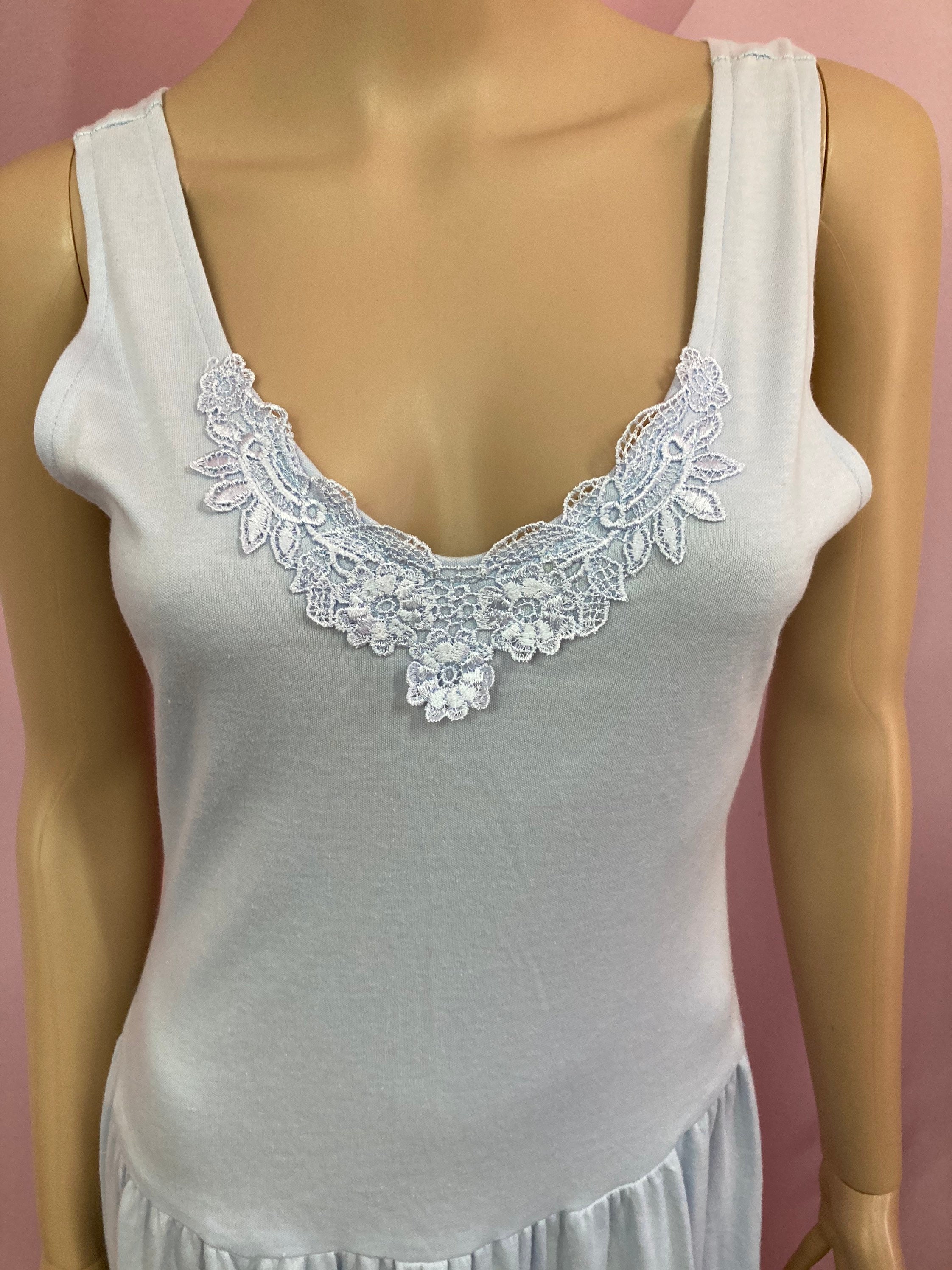 Vintage 90s Baby Blue Tank Dress with Lace Applique Trim by Champagne West. S M