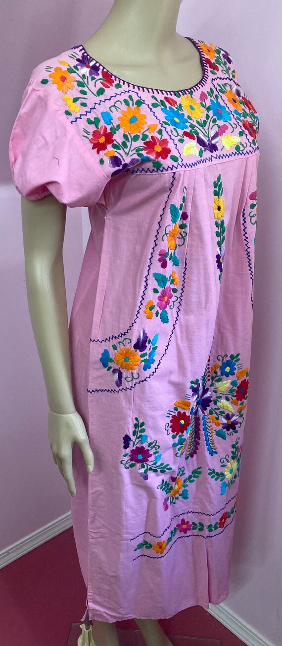 Vintage 70s Pink Cotton Embroidered Mexican Dress. - image 7