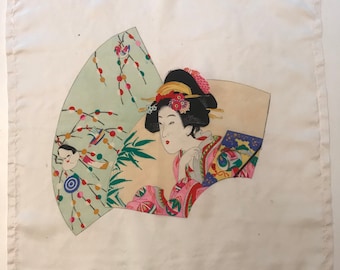 Vintage 40s White Silk Scarf with Geisha Girl