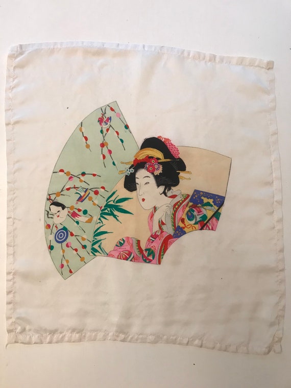 Vintage 40s White Silk Scarf with Geisha Girl