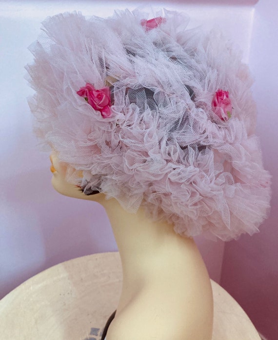 Vintage 50s Pink Floral Bonnet. 50s Curler Hat. 19