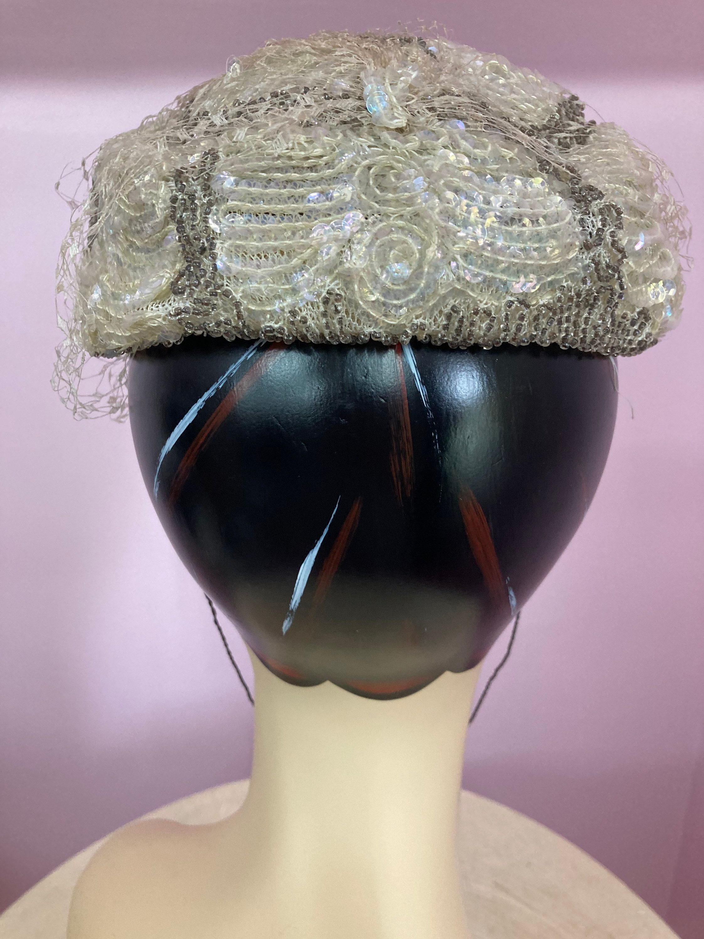 Vintage 1950s Women\'s Sequin Beaded Pin Hat White Silver Shimmer Vintage Hat Pin Collection-1950s Pearlised, Rhinestone and  main image 2