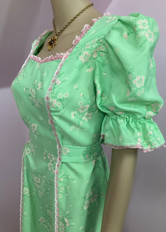 Vintage 70s Green & Pink Floral Maxi Dress. Cotta… - image 8