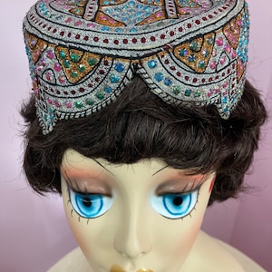 Beautiful Handmade Kufi Hat. Prong Set Rhinestones & Embroidered Art Prayer Hat