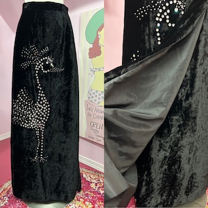 Vintage 70s Long Black Velvet Skirt with Rhinestone Peacock