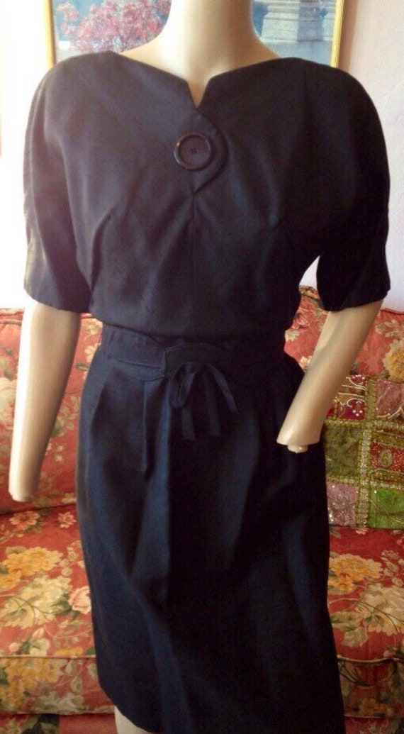 Vintage 50s Black Silk Shantung Dress by RK Origi… - image 3