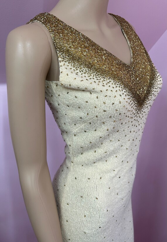 Vintage 50s/60s Ivory & Gold Beaded Sweater Dress… - image 8