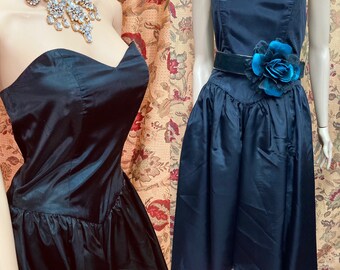 Vintage 60s Strapless Gown. Black & Teal Gown. Black Taffeta Dress with Teal Accents. Small