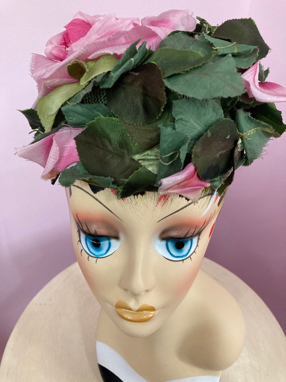 Vintage 50s Pink Roses Hat with Green Leaves. Pink