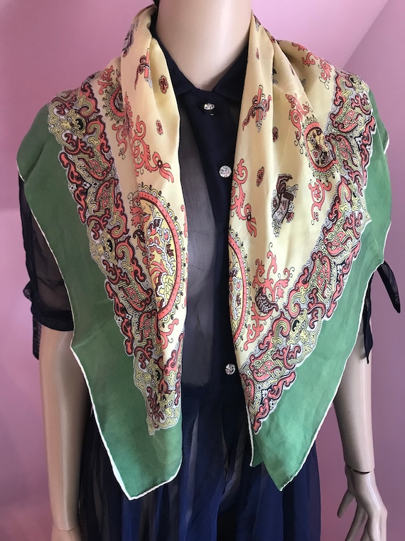 Vintage 50s Green Silk Scarf with Regal Asian Pri… - image 2