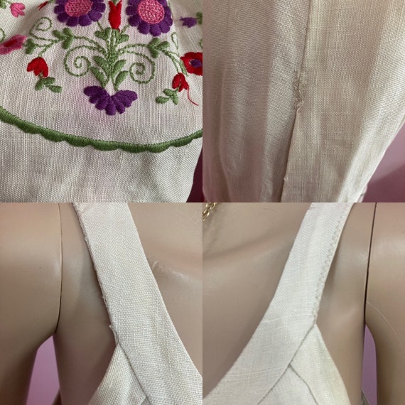 Vintage 70s Ivory Linen Smock Dress with Embroide… - image 10