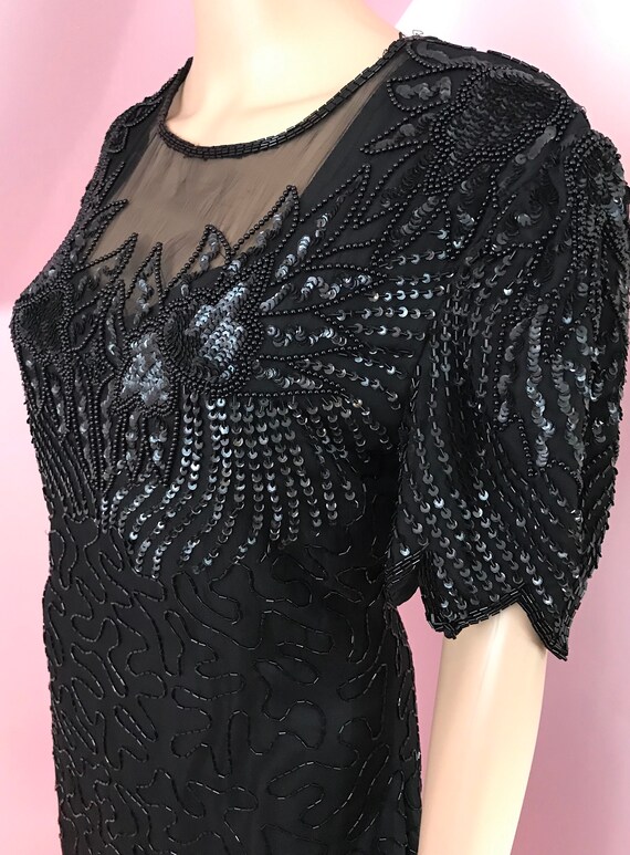 Vintage 80s Silk Beaded Dress.80s Black Beaded Se… - image 7
