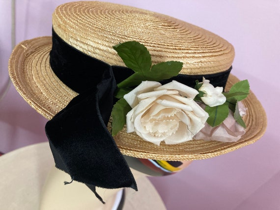 Vintage 40s Straw Boater Hat. Black Velvet Ribbon… - image 5