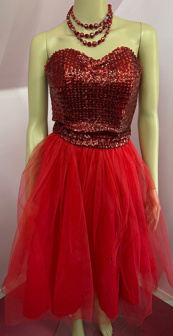 Vintage 50s Red Sequined Bustier & Tulle Shirt Se… - image 3