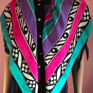 Vintage 80s Silk Albert Nipon Scarf. Turquoise, Pink & Purple Silk Square Scarf