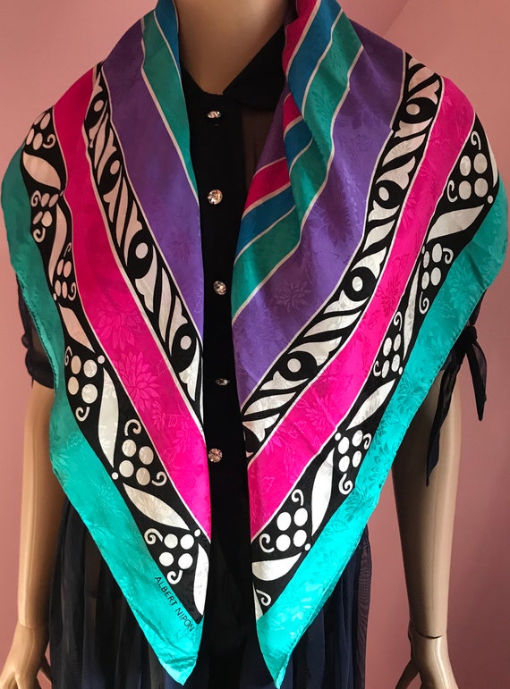 Vintage 80s Silk Albert Nipon Scarf. Turquoise, P… - image 1