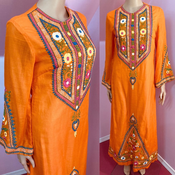 Vintage 60s Caftan. Orange Embroidered Caftan by … - image 1