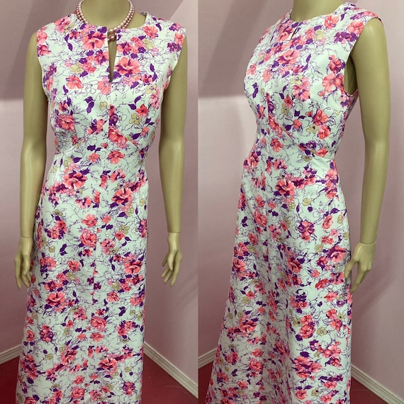 Robe dhotesse vintage des annees 70. Robe longue sans manches. Robe coquelicot rose et violet. Maxi Robe des annees 70 Etsy France