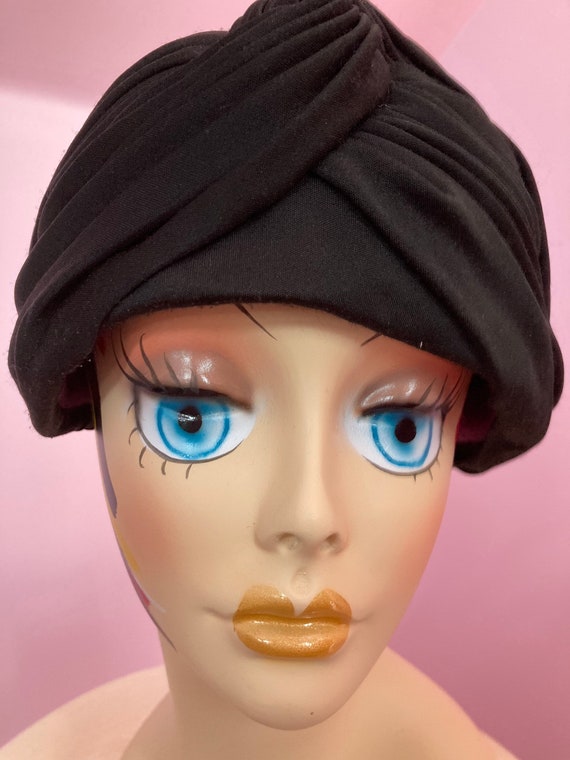 Vintage 60s Ladies Black Hostess Turban Hat/ Nylo… - image 2