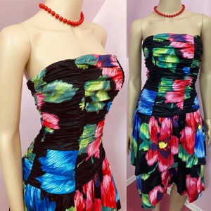 Vintage 80s Black Floral Strapless Dress. Poppy Dress. Cotton Strapless Dress.XS