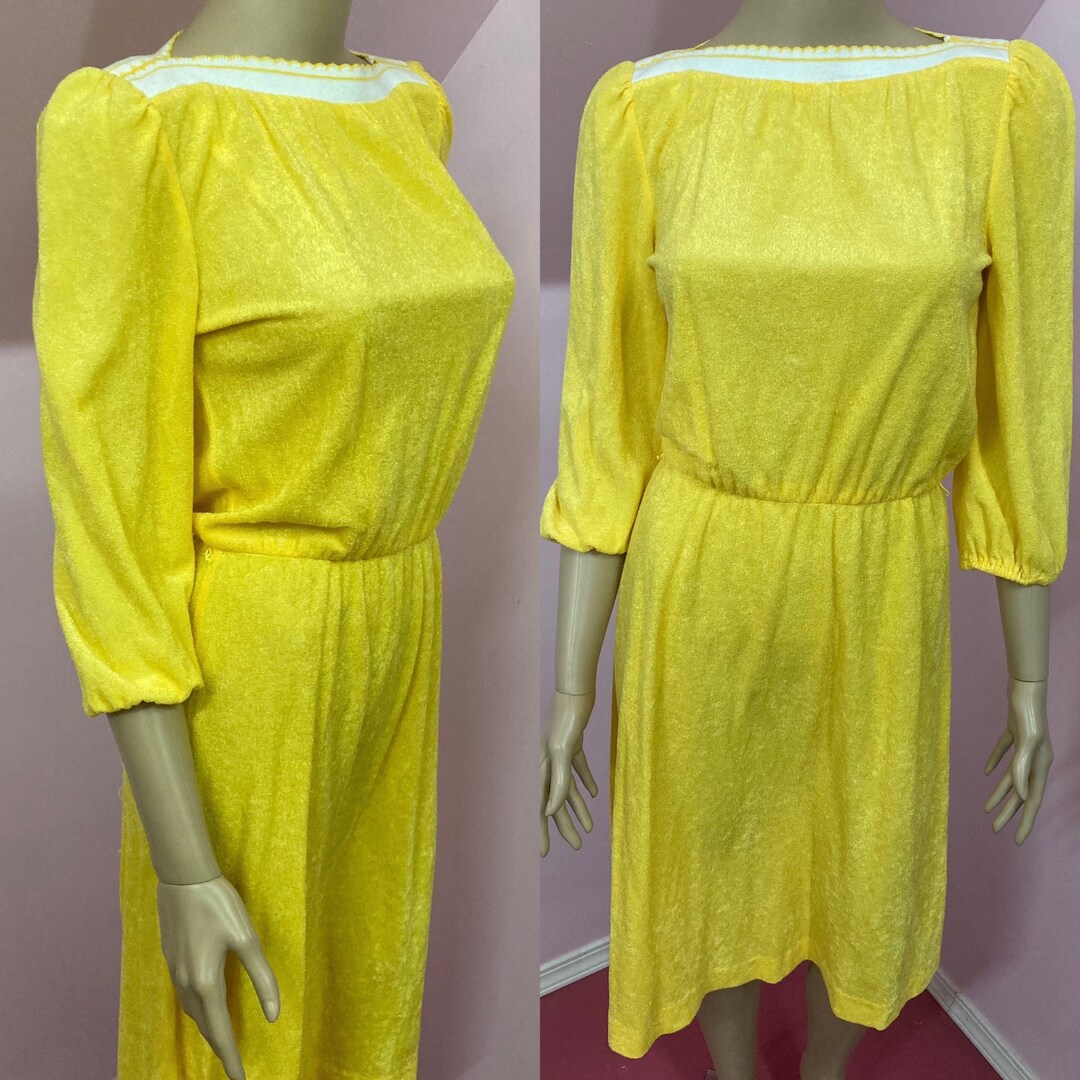 Vintage 70s Yellow Terry Cloth Dress With White Trim Small To Etsy