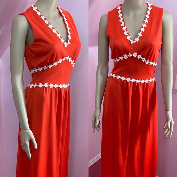 Vintage 60s/70s Red Sleeveless Maxi Dress with White Daisy Appliqué. Red Polyester Daisy Dress. Small