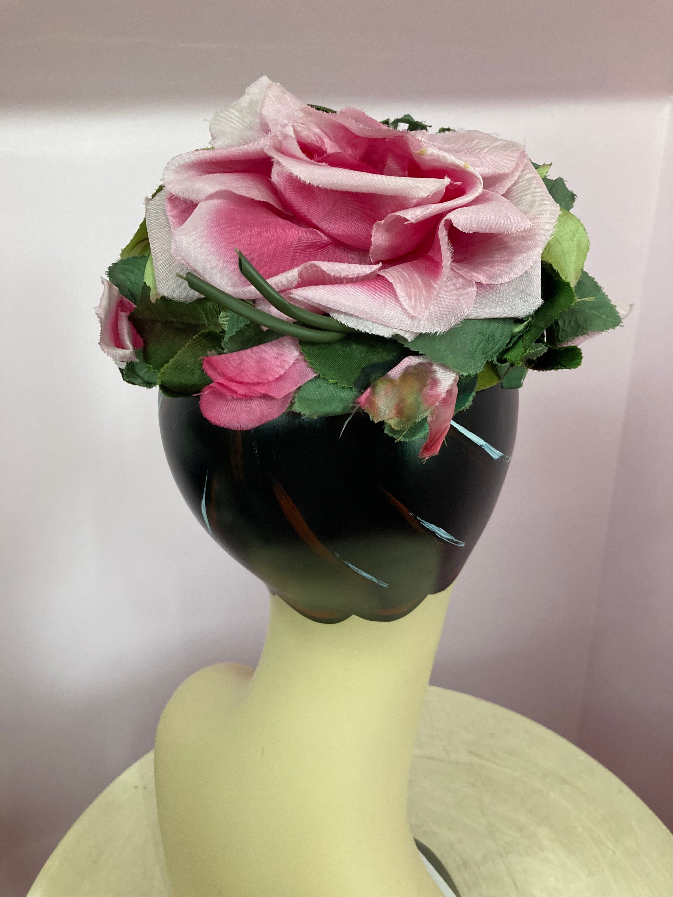Vintage 50s Pink Roses Hat With Green Leaves. Pink & Green Floral Hat ...