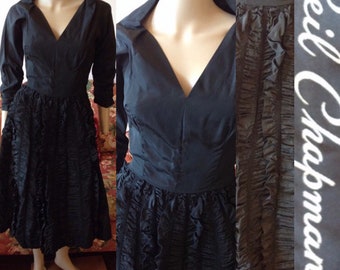 Vintage 1950s Dress. 1950s Ceil Chapman Dress.50s New Look Dress.50s Black Taffeta Dress.Ruched Ruffled Skirt...Small