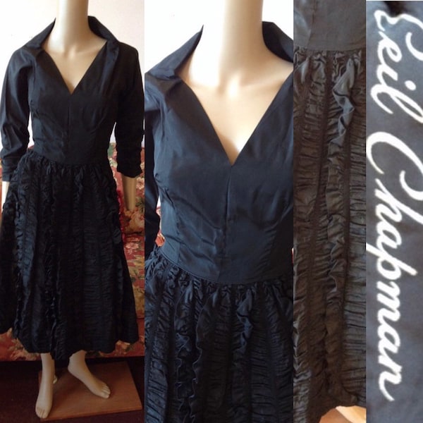 Vintage 1950s Dress. 1950s Ceil Chapman Dress.50s New Look Dress.50s Black Taffeta Dress.Ruched Ruffled Skirt...Small