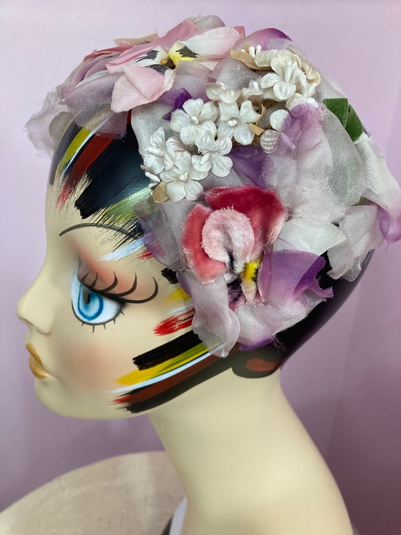 Vintage 50s Pink Pansy Whimsy Headband Hat. Fancy… - image 2