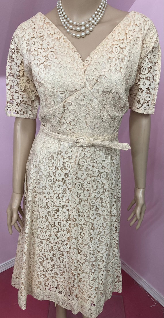 Vintage 50s Beige Lace Dress. VOLUP 50s Lace Dres… - image 3