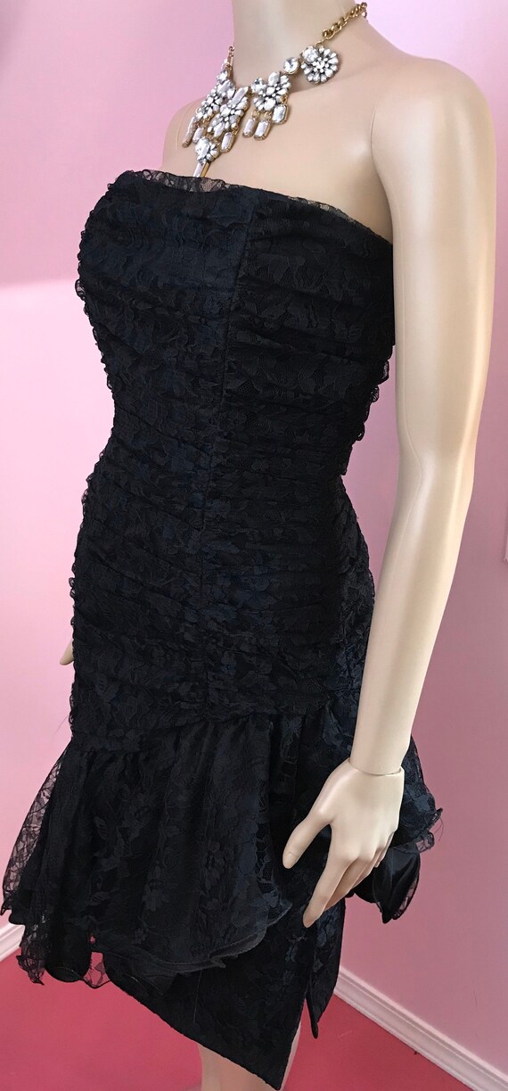 Vintage 80s Black Lace Dress.80s Strapless Dress.… - image 6