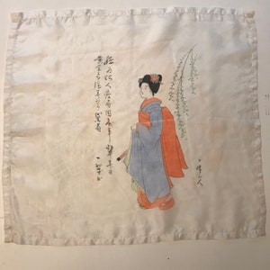 Vintage 40s Hand Painted Silk Scarf. Hand Painted Geisha Scarf