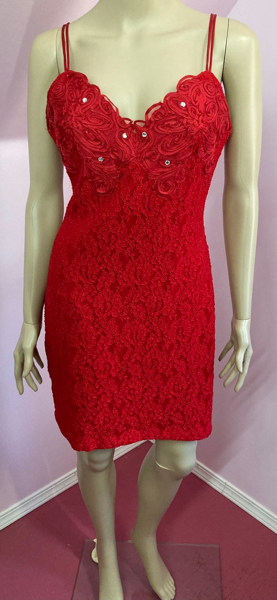 Sexy 80s Red Lace Dress with Rhinestones & Appliq… - image 3