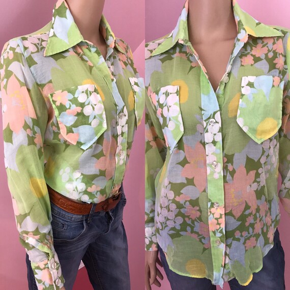 Vintage 70s Sheer Floral Blouse.70s Mod Floral Blo