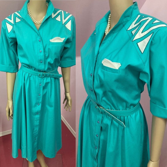 Vintage 80s Shirtwaist Dress. Two Tone Shirt Dres… - image 1