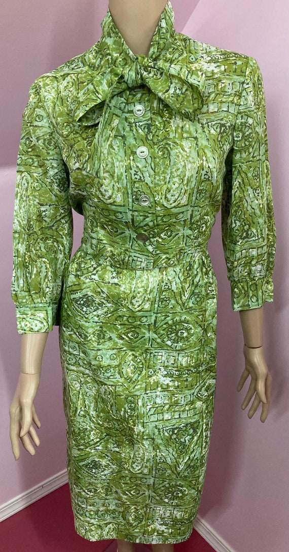 Vintage 60s Semi Sheer Green Cotton Button Front … - image 2