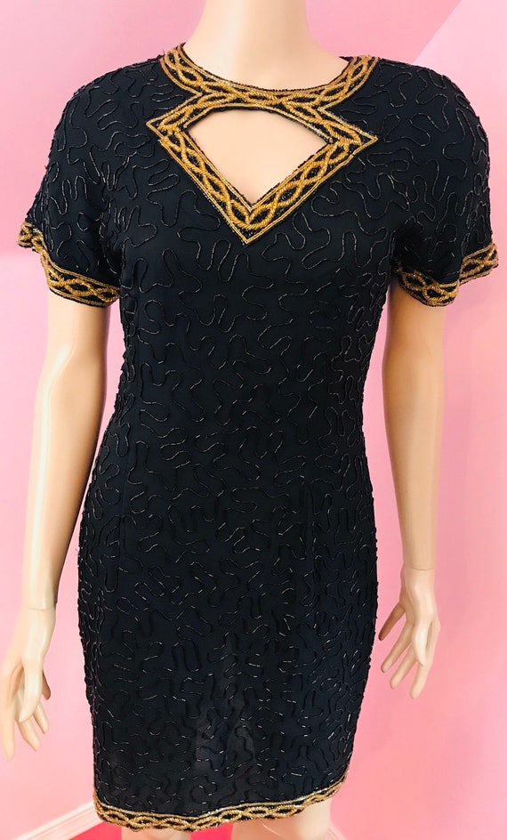 Vintage 80s Beaded Dress.Black Beaded Dress.Black… - image 2