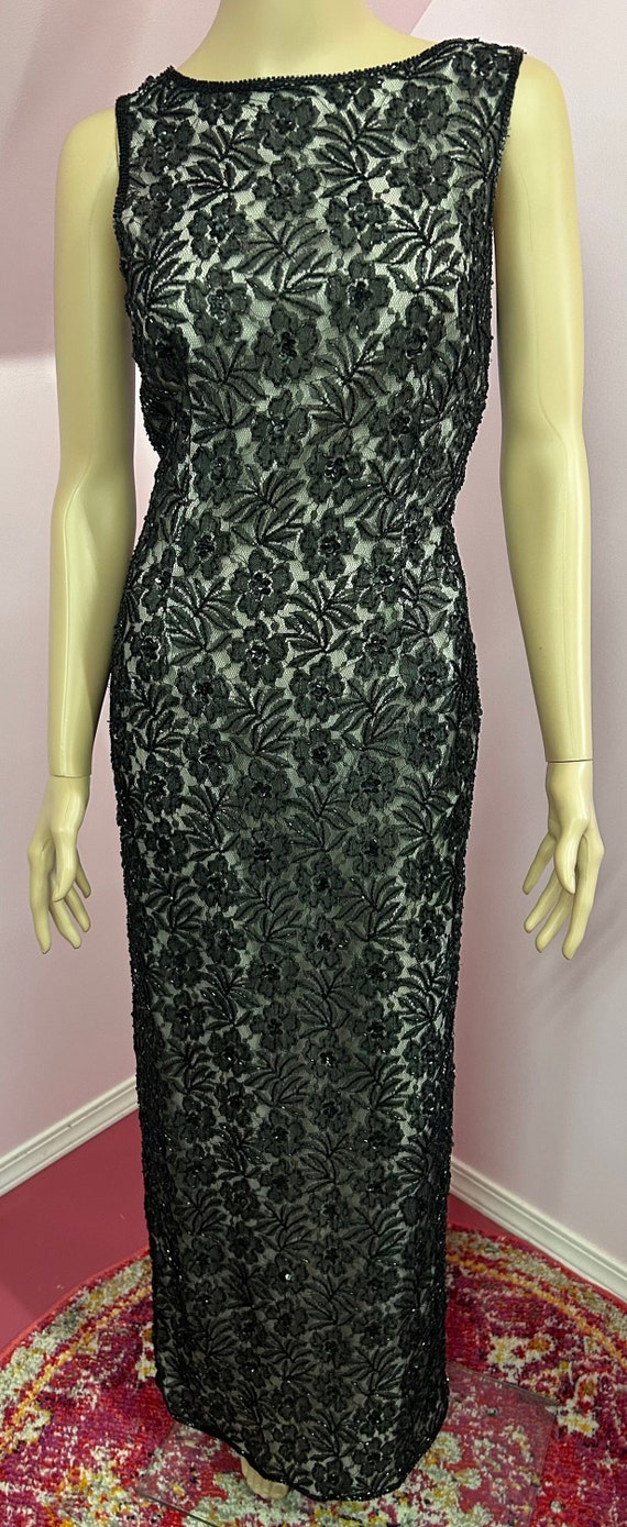 Vintage 80s Does 1960s Black Lace Beaded Sleevele… - image 3