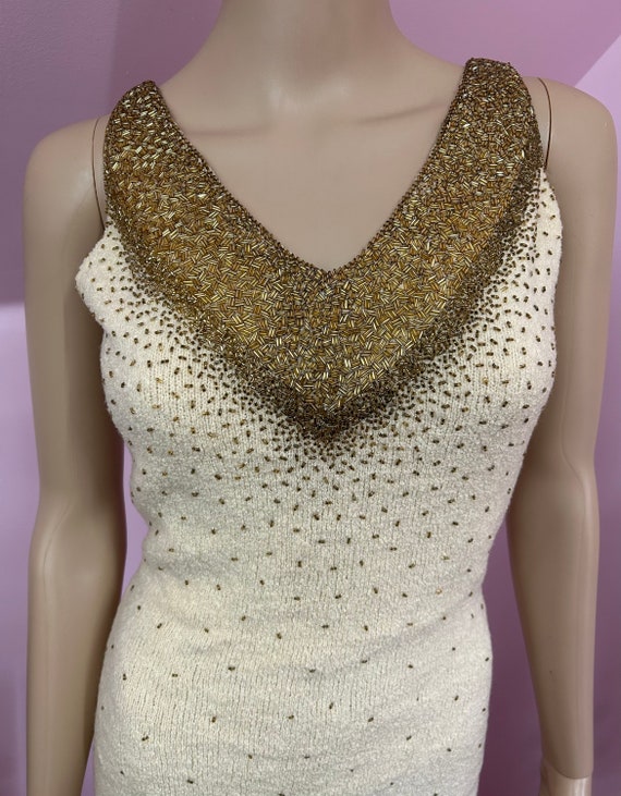 Vintage 50s/60s Ivory & Gold Beaded Sweater Dress… - image 2