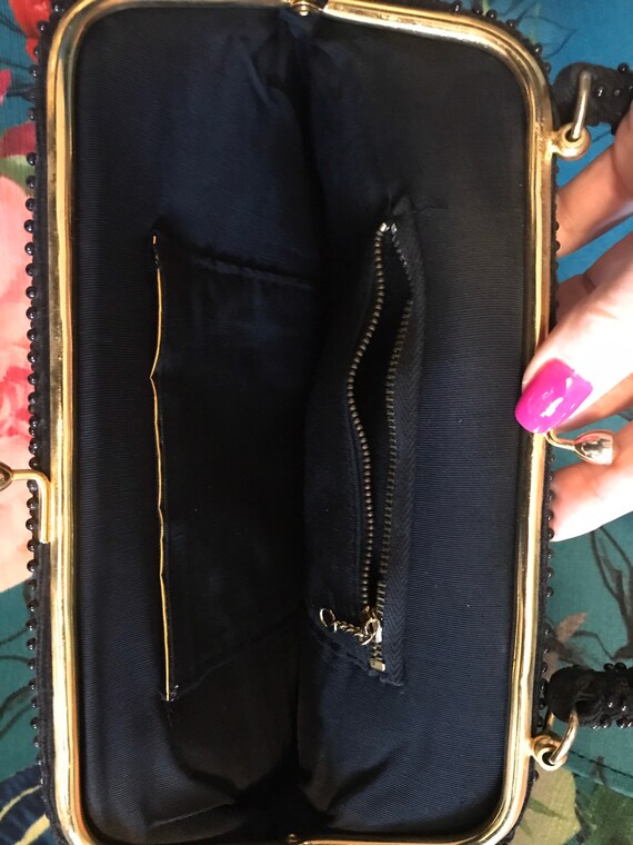 Vintage 1940s Black Plastic Beaded Handbag & Mirr… - image 8
