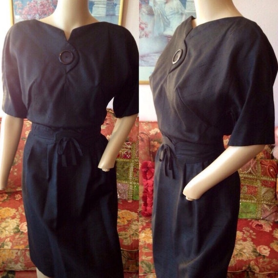 Vintage 50s Black Silk Shantung Dress by RK Origi… - image 1
