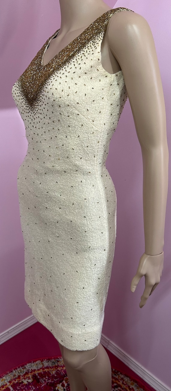 Vintage 50s/60s Ivory & Gold Beaded Sweater Dress… - image 6