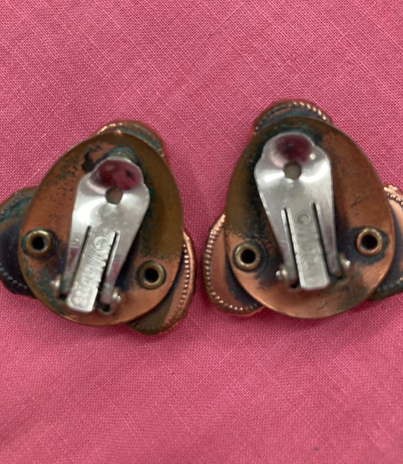 Vintage 60s Copper Clip-on Earrings with Pink, Gr… - image 2