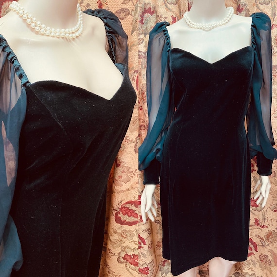 Vintage 80s Black Velvet Dress with Sheer Chiffon