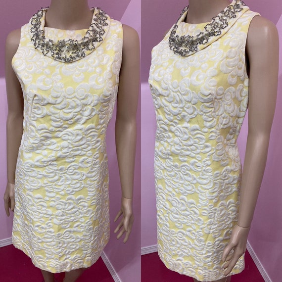 Vintage 60s Yellow Damask Sleeveless Dress with B… - image 1