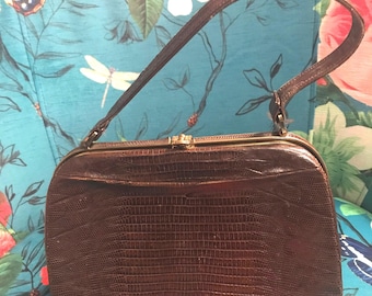 Vintage 50s Deitsch Lizard Leather Handbag, Brass Accents