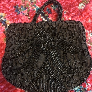 Vintage 1930s Black Beaded Purse. 30s Beaded Purse.Silk Beaded Purse.30s Finger Strap Handbag image 1