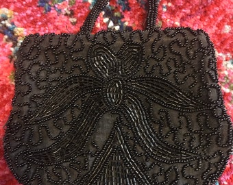 Vintage 1930s Black Beaded Purse. 30s Beaded Purse.Silk Beaded Purse.30s Finger Strap Handbag